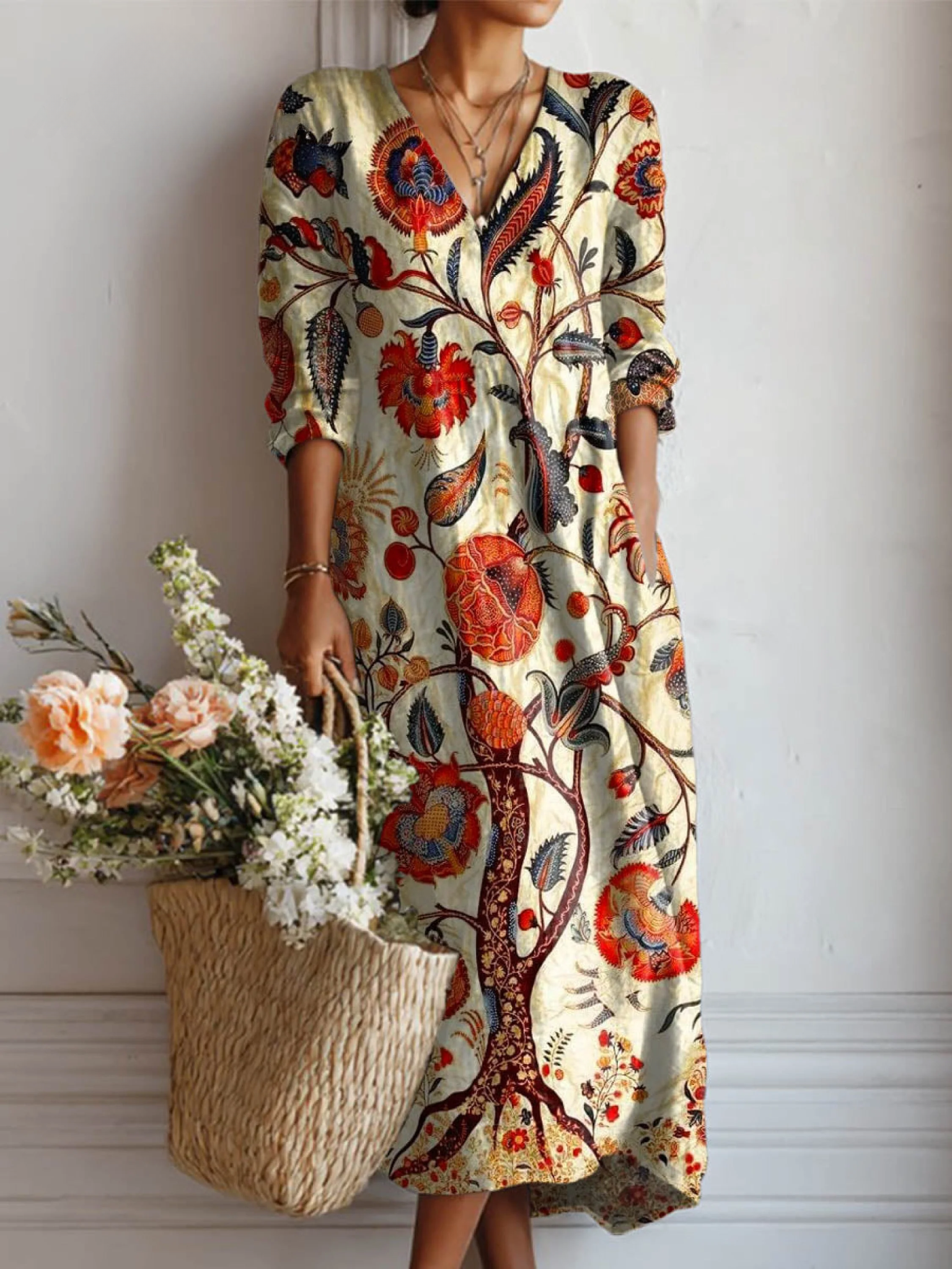 Sukienka z kieszeniami w kwiatowy wzór vintage z bawełny i lnu